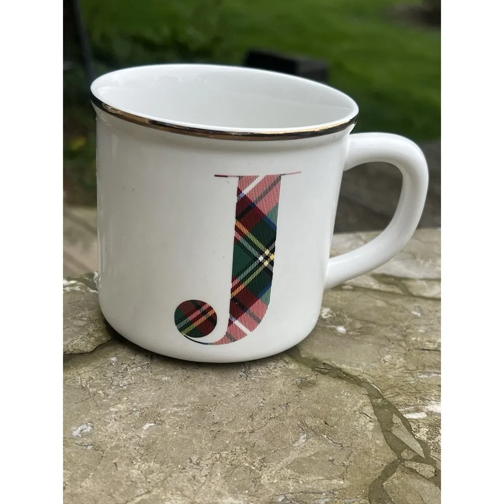 Pottery Barn Stewart Plaid Alphabet Stoneware Mug Featuring the Letter 